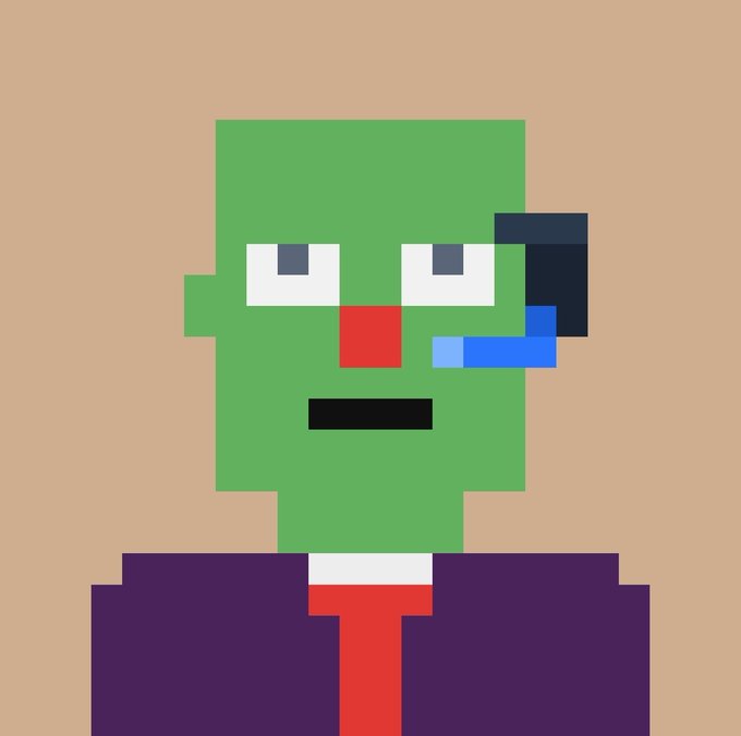 Pixel art portrait of a green-skinned character wearing a purple suit with a red tie, featuring a blue and black object near its mouth.