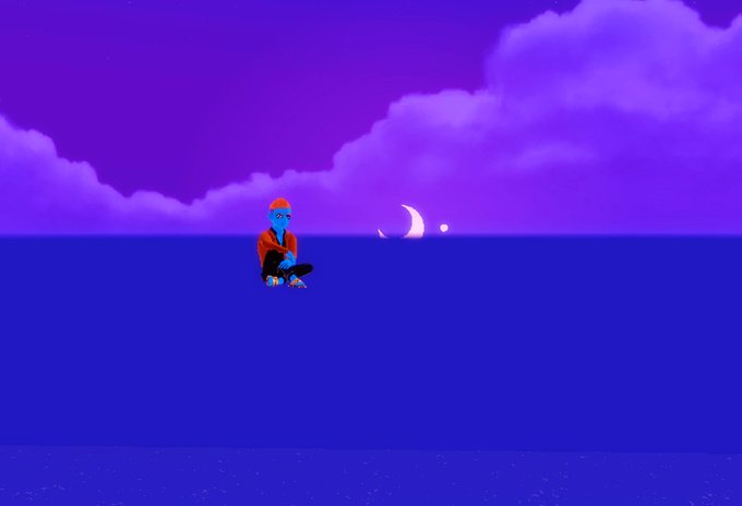 An ethereal scene captures a solitary figure with a blue head dressed in vibrant red-orange robes, sitting cross-legged in what appears to be an ocean under a sky awash with hues of purple. Behind him, a crescent moon and a star punctuate a wide cloud formation, echoing what the post is captioned above, "Reaching a certain level of enlightenment, one can only achieve in @decentraland." This post describes a person who appears to be sitting patiently with a hint of judgment. This scene is the reality of enlightenment for people using @decentraland app, a virtual world.