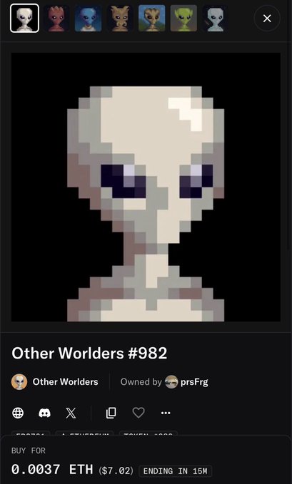 A digital NFT listing for 'Other Worlds #982' showing a pixelated gray alien-like character, currently bid at 0.0037 ETH ($7.02).