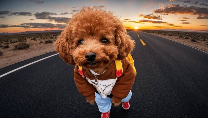 A small brown dog in a hoodie, overalls, and red shoes stands on a desert road at sunset. The “gm” (“good morning”) post uses the cheerful pup as a friendly morning greeting.