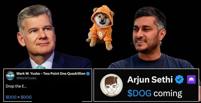 A comparison graphic featuring Mark W. Yusko (left) and Arjun Sethi (right) with a Shiba Inu dog in an orange hoodie between them, displaying their Twitter profiles with messages about $DOG.