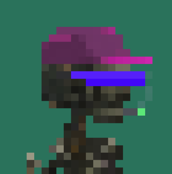 A pixelated side-view profile of a figure featuring a purple hat, a blue/purple visor, and dark body against a green background.