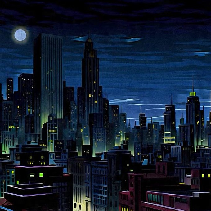A city skyline at night, featuring tall buildings with illuminated windows and a full moon casting a soft glow over the scene.