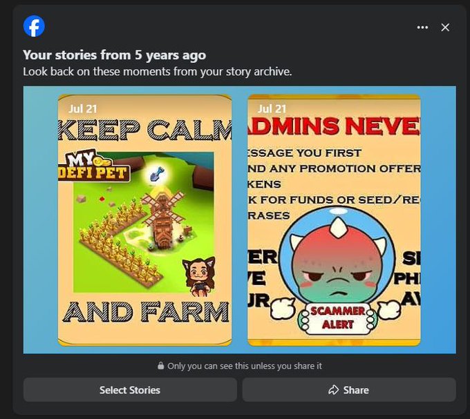 A Facebook 'Memories' screen showing 'Your stories from 5 years ago' with two posts including 'KEEP CALM AND FARM' and a 'SCAMMER ALERT' warning about admins.