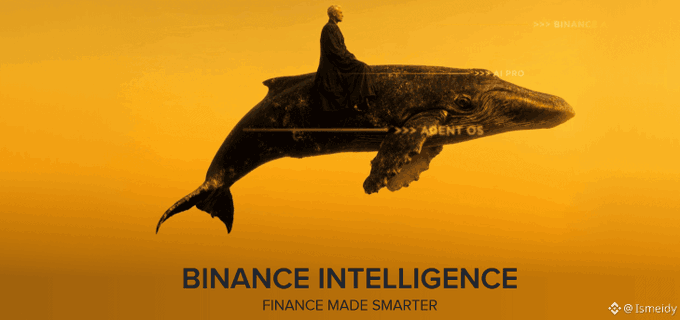 A Binance Intelligence advertisement featuring a surreal image of a person in dark robes riding atop a large whale, set against an orange gradient background, with text 'BINANCE INTELLIGENCE - FINANCE MADE SMARTER.'