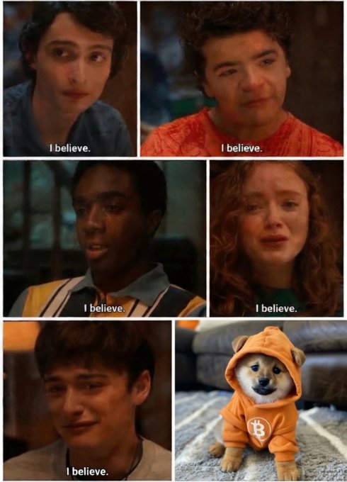 A meme collage featuring five panels of characters from the show 'Stranger Things' saying 'I believe.', with the final panel showing a Shiba Inu dog wearing an orange Bitcoin hoodie.