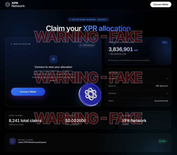 The image shows a screenshot of a fake "XPR Network Rewards · Season 1" claim page with a bold "WARNING - FAKE" watermark overlay, featuring a "Claim your XPR allocation" prompt, a $10,000 USD highest claim of 3,836,901 XPR, and 8,241 total claims. This relates to the accompanying post as it depicts the fraudulent xprdrop.com drainer site used to scam XPR Network users into connecting their wallets.