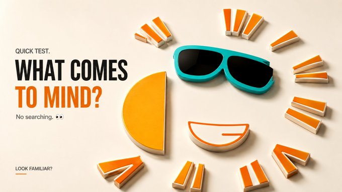 A promotional graphic with the text 'QUICK TEST. WHAT COMES TO MIND? No searching. LOOK FAMILIAR?' showing 3D-rendered orange and white geometric shapes and cyan sunglasses arranged in a circular pattern on a beige background.