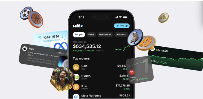 A smartphone displays the Ulti app showing a total value of '€634,535.12' with various stocks like NVIDIA, Tesla, and Meta Platforms listed. Floating graphics include sports icons, Bitcoin, Ethereum, and news cards for Apple and Microsoft.