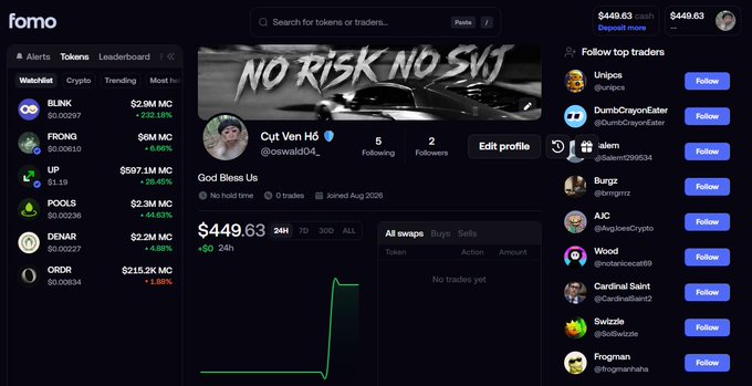 A screenshot of the Fomo cryptocurrency trading platform showing a profile for 'Cut Ven HQ' (@oswald04_) with a balance of $449.63, a green chart spike, and a watchlist including tokens like $LINK, $FRONT, $UP, $POOLS, $DENAR, and $ORDR.
