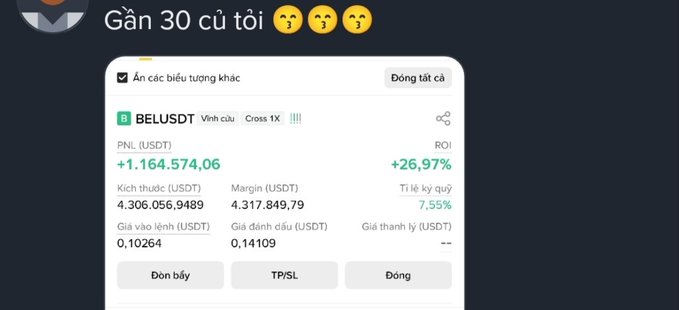 Vietnamese-language social media post celebrating nearly 30 ('Gần 30 củ tôi') with happy emojis, featuring a Binance futures position on BELUSDT perpetual contract showing PNL of +1,164,574.06 USDT (+26.97% ROI).