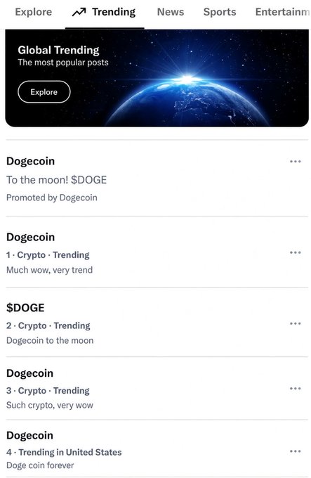A screenshot of Twitter's 'Trending' tab showing multiple Dogecoin-related posts with text including 'To the moon! $DOGE', 'Much wow, very trend', and 'Doge coin forever'.