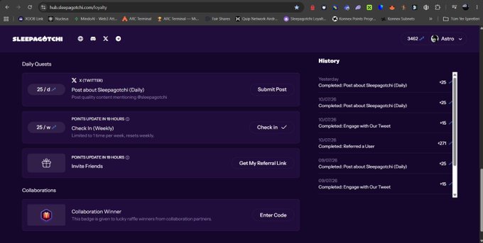 A screenshot of the Sleepagotchi daily quests loyalty page on hub.sleepagotchi.com showing Twitter and points update tasks, with a history of completed quests on the right side.