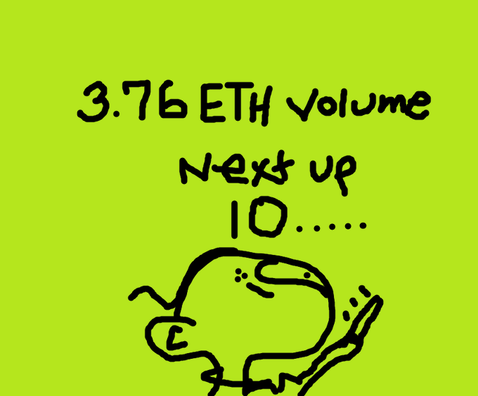 A handwritten note on a bright green background reads '3.76 ETH volume, Next up 10.....' above a doodle of a sweating frog-like creature.