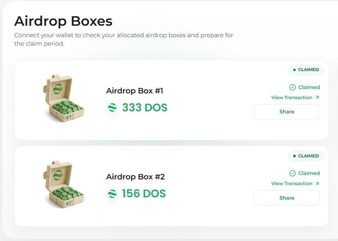 A user interface displaying two claimed airdrop boxes: 'Airdrop Box #1' with 333 DOS tokens and 'Airdrop Box #2' with 156 DOS tokens, both marked as 'CLAIMED' with 'Share' and 'View Transaction' options.