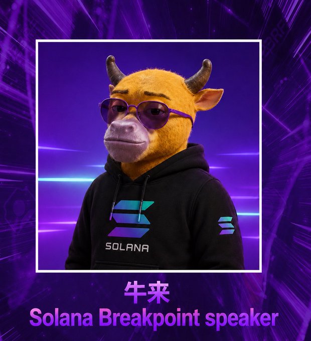 A 3D-rendered bull character wearing purple sunglasses and a black hoodie featuring the Solana logo, with text reading '牛来 Solana Breakpoint speaker' against a purple background.