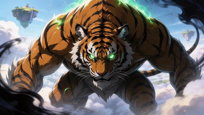 A dramatic anime-style illustration of a powerful tiger with glowing green eyes surrounded by green energy flames, set against floating islands in the sky.