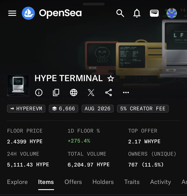 An OpenSea listing for the "HYPE TERMINAL" NFT collection on HYPEREVM shows a floor price of 2.4399 HYPE with a +275.4% 1D floor increase and 24H volume of 5,111.43 HYPE, supporting the post's claim of strong gains for early buyers.