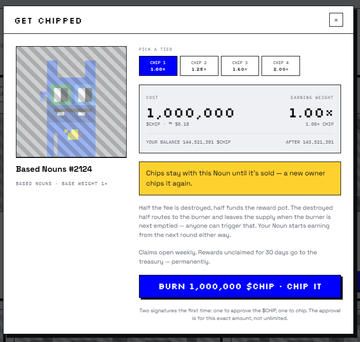 The image shows a "Get Chipped" interface from BASED NOUNS #2124, priced at 1,000,000 $CHIP. It relates to the post as it appears to be a work-in-progress feature for the ChipWorks platform, demonstrating the chipping functionality being developed.