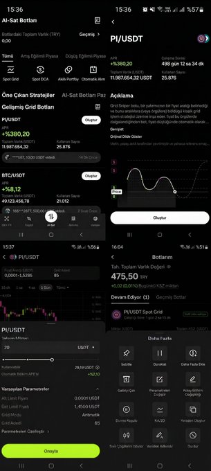The image shows a mobile trading app interface with the AI-Sat Botlar (AI Trade Bots) page open, displaying active grid bots for PI/USDT and BTC/USDT pairs with significant unrealized profits (+₺380.20 and +₺56.12 respectively), along with a detailed trading chart and bot configuration parameters like "Daha Fazla" settings, spread price, and order quantity.

This visual directly supports the post's message by illustrating how these AI trading bots are actively managing positions and generating returns (e.g., 25.87% on PI/USDT), serving as a practical example of how such tools can reduce screen time while still executing profitable trades in sideways markets.