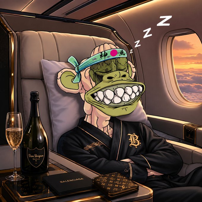 A cartoon ape wearing a "peace" headband and luxury Balenciaga robe sleeps peacefully in a first-class airplane seat beside a bottle of "Dom Pérignon" champagne and Louis Vuitton accessories, embodying the lavish crypto/NFT lifestyle celebrated in the "GN" (good morning/good night) message to fellow apes and believers.