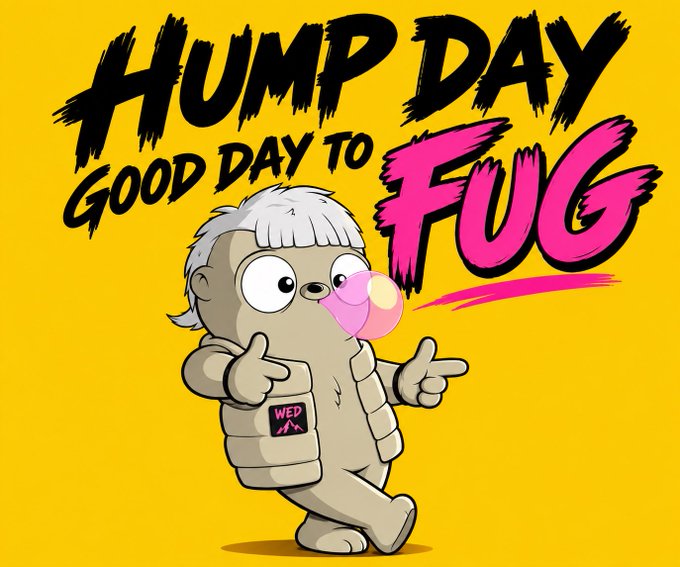 A 'HUMP DAY GOOD DAY TO FUG' meme featuring a cartoon character in a puffy jacket blowing a pink bubblegum bubble on a yellow background.