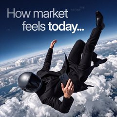 A meme image showing a businessman in a suit and helmet falling through the sky, with the caption 'How market feels today...'