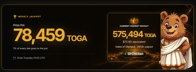 A promotional banner displaying a "Weekly Jackpot" prize pot of 78,459 TOGA coins and a current highest payout of 575,494 TOGA ($72.90 equivalent) for "SirChicken", featuring a cartoon bear mascot dressed as a Greek toga.