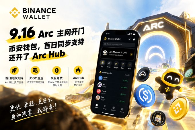 Binance Wallet promotional banner in Chinese announcing '9.16 Arc 主网开门' (Arc Mainnet launch), showing a phone displaying the Binance Wallet interface with a 3D mascot character.