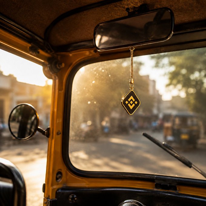 Interior view of an auto rickshaw showing a rearview mirror and a hanging Binance (BNB) logo pendant against a blurred street background.