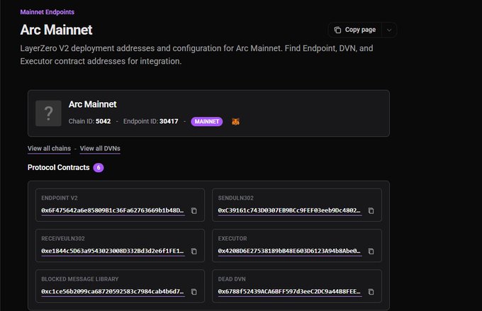 A documentation page titled 'Arc Mainnet' showing LayerZero V2 deployment addresses, with Chain ID 5042, Endpoint ID 30417, and protocol contract addresses for Endpoint V2, SendUln302, ReceiveUln302, Executor, Blocked Message Library, and Dead DVN.