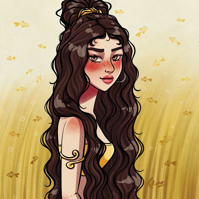 A stylized illustration of a woman with flowing brown hair adorned with a golden fish accessory, surrounded by small gold fish in a warm yellow setting, matching the airdrop theme "Gleam & the Golden Fish." The artist's signature "Ketut" is visible in the bottom right corner.