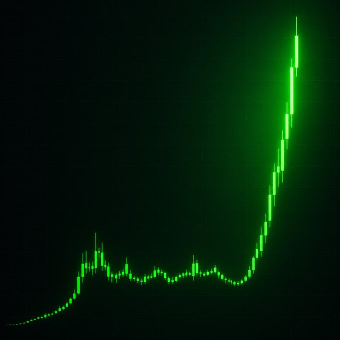 A glowing green candlestick chart on a dark grid background showing a sharp upward price trend.