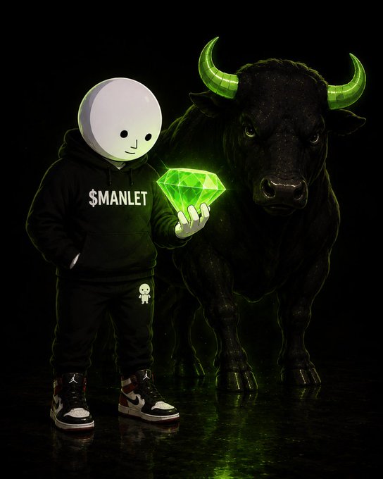 A stylized mascot figure wearing a hoodie reading "$MANLET" holds a glowing green emerald beside a charging black bull with glowing green horns, visually representing the bullish "$MANLET" crypto community's unstoppable momentum.