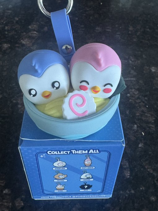 A collectible keychain featuring two cute penguin-like figures (one blue, one pink) sitting in a small blue bowl rests on top of a box labeled 'COLLECT THEM ALL' showing other character variations.
