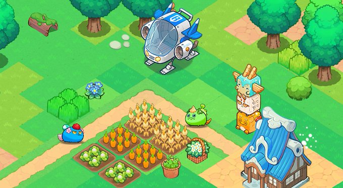 A colorful isometric farming simulation game scene featuring crop fields, a helicopter, a character stack, and a blue-roofed house surrounded by trees.