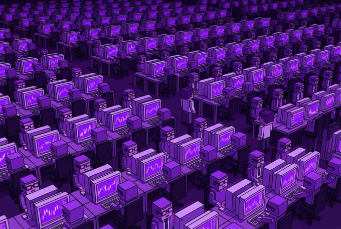 A vast isometric illustration of a purple-lit digital office filled with rows of boxy-headed workers at computers displaying stock-chart-like line graphs, with two small human figures standing among them, evoking a surreal "back office" of digital labor. The repetitive, mechanical aesthetic complements the post's "CLOCK IN" launch teaser for an OpenSea NFT collection, suggesting the moment the army of digital workers begins their shift.