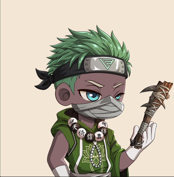 A chibi-style ninja character with green spiky hair, a metal headband, face mask, and beaded necklace holds a wrapped wooden weapon.
