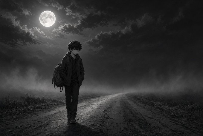 A black-and-white anime-style illustration of a young person wearing a hooded jacket and backpack, walking down a foggy dirt road under a bright full moon.