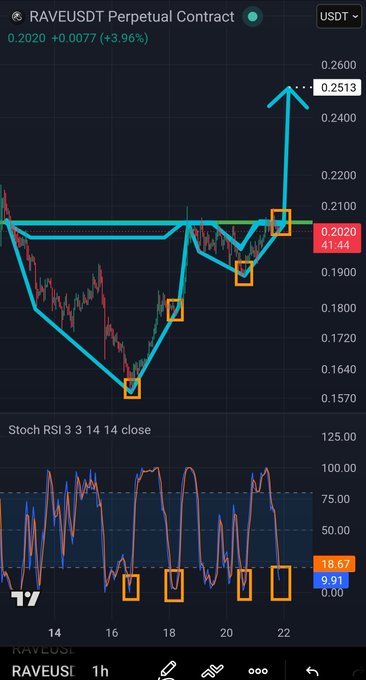 A RAVEUSDT Perpetual Contract chart showing a price of 0.2020 (+3.96%), with hand-drawn cyan lines forming an inverse head and shoulders pattern pointing upward, alongside a Stochastic RSI 3 3 14 14 indicator.