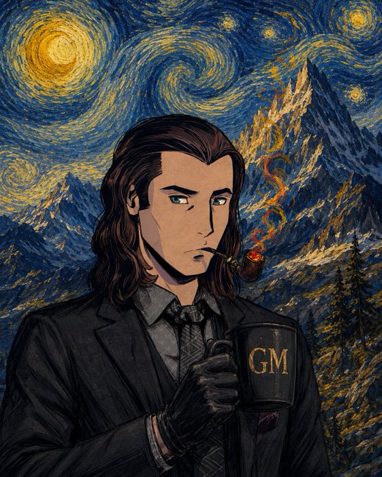 An illustration of a dark-haired man smoking a pipe and holding a black mug labeled 'GM', set against a Van Gogh Starry Night-style background.