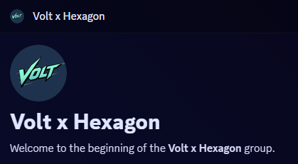 The image displays a Discord server welcome page for "Volt x Hexagon," featuring the Volt logo and the greeting "Welcome to the beginning of the Volt x Hexagon group," tying into the post's announcement about the growing collaboration between Volt ($VOLT) and Hexagon communities.