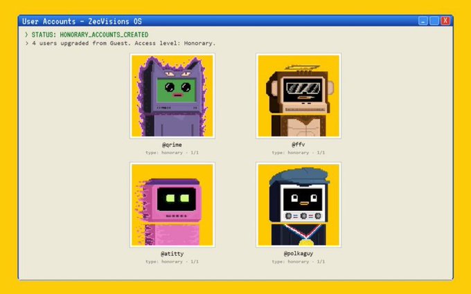 A retro-styled interface for 'ZecVisions OS' displays four honorary user accounts with pixel-art avatars: @grine, @ffy, @atitty, and @polkaguy.