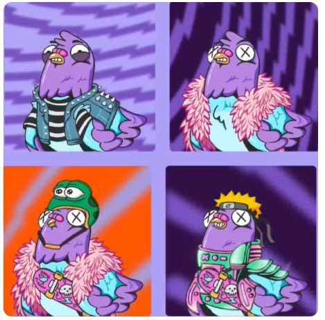 The image features four different cartoon birds wearing unique outfits and accessories, each with their own distinct style. The birds are arranged in a square format against a purple background, creating an eye-catching and visually appealing composition. The caption below the image provides information about the content of the post, stating that it is related to the ZAMA Most NFT drops collection by Wingston NFT Collection from @RallyOnChain.