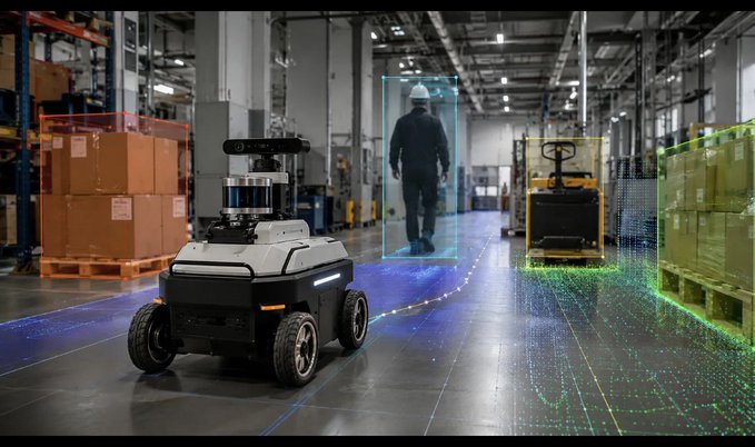 A warehouse scene featuring an autonomous security robot detecting a worker wearing a hard hat, with colorful LIDAR-style sensor visualizations highlighting objects and the human figure.