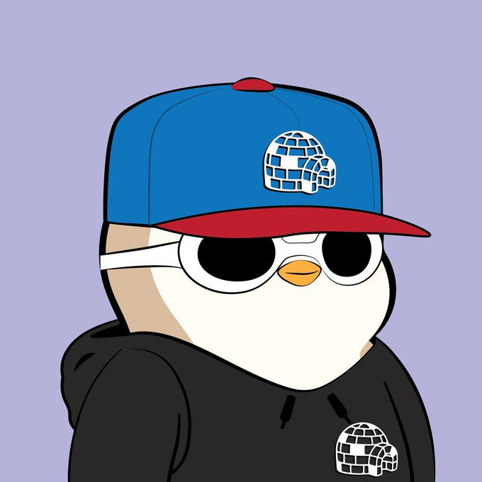 A cartoon illustration shows a white bird-like character wearing sunglasses, a blue and red cap with a globe logo, and a black hoodie with a similar globe logo, on a purple background.