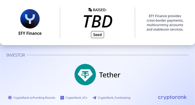 The image displays a CryptoRank funding announcement card showing that EFY Finance has completed a Seed round with an undisclosed (TBD) amount, backed by Tether as the investor. The card highlights EFY Finance's services in cross-border payments, multicurrency accounts, and stablecoin services, matching the details provided in the accompanying post.