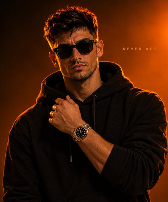A fashion-style portrait of a man wearing sunglasses and a black hoodie, showcasing a silver watch on his wrist, with the text 'NEVER AGE' displayed against a warm orange background.