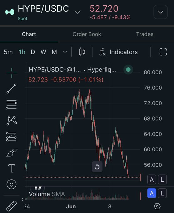 The image shows a screenshot of a chart and a graph displaying market data for a cryptocurrency called "hyper liquid native". The bar chart features price fluctuations over time. Additionally, there's a graph that provides a list of the top 100 transactions in the Bitcoin exchange. This information is important when considering the value of the "hyper liquid native" and its relation to the post about trading it.