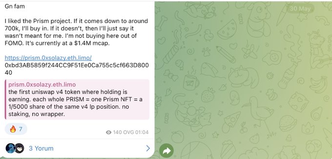 The image displays a text message conversation between two people discussing an investment opportunity with a purple background featuring cartoon characters. One of the individuals shares that they invested in @prism_lp, while another person waits for their share to come up at least 3x market cap above $1.1-1.4m within a certain period of time. The conversation is described as "first unsalted token taken where holding is ... worth around $500+".